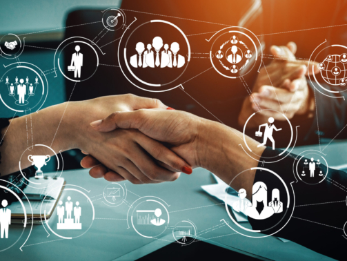 Human Resources Recruitment and People Networking Concept. Modern graphic interface showing professional employee hiring and headhunter seeking interview candidate for future manpower.