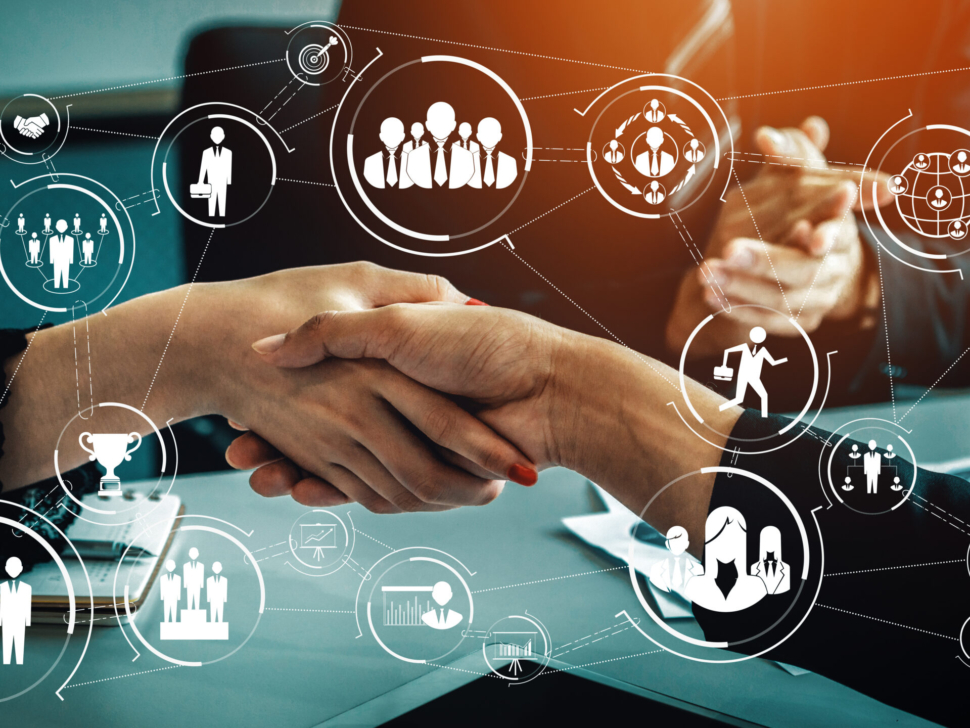 Human Resources Recruitment and People Networking Concept. Modern graphic interface showing professional employee hiring and headhunter seeking interview candidate for future manpower.