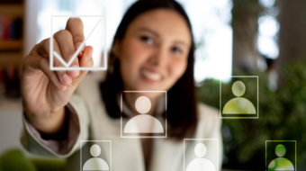 Businesswoman manager company office touchscreen is pointing finger pencil choice stategy  digital technology business human resource hr management icon employee and financia marketing economy job