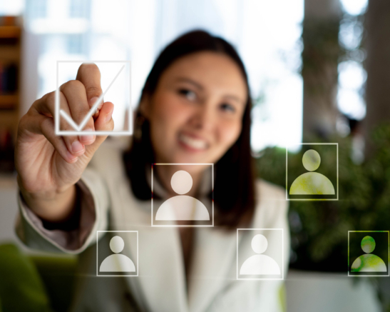 Businesswoman manager company office touchscreen is pointing finger pencil choice stategy  digital technology business human resource hr management icon employee and financia marketing economy job