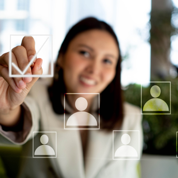 Businesswoman manager company office touchscreen is pointing finger pencil choice stategy  digital technology business human resource hr management icon employee and financia marketing economy job