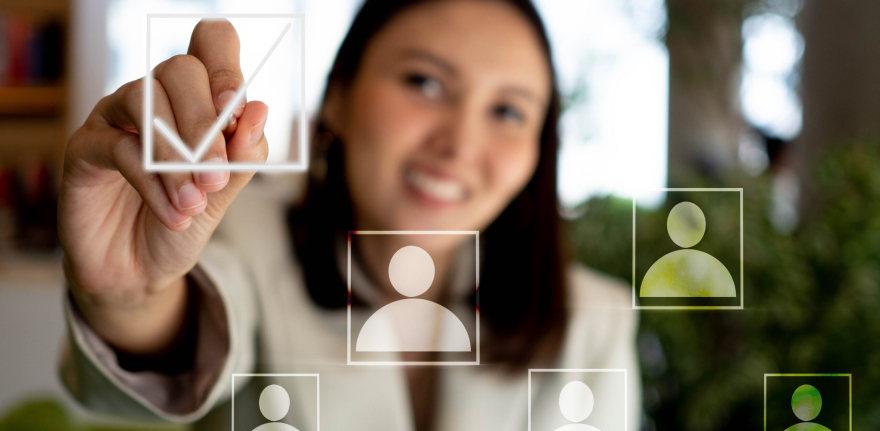 Businesswoman manager company office touchscreen is pointing finger pencil choice stategy  digital technology business human resource hr management icon employee and financia marketing economy job